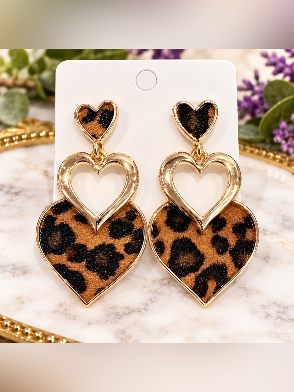 Gold & Leopard Heart Drop Earrings - Women's Jewelry